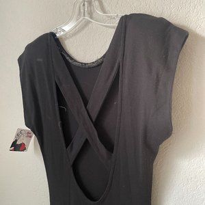 1980s Black Cap Sleeve Open Cross Back Long Dress